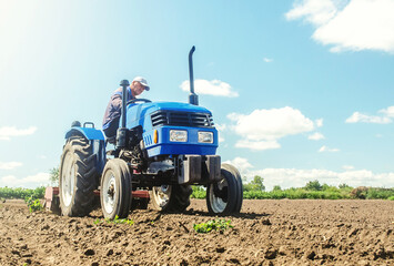 The farmer works on a tractor. Loosening the surface, cultivating the land for further planting....