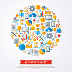 Business Creative Concept Background with Circle Assembled from Business Icons. Vector Illustration. Place for Your Text. Abstract Infographics Template. Business Icons Pattern.