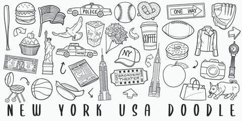 New York City Doodle Line Art Illustration. Hand Drawn Vector Clip Art. Banner Set Logos.