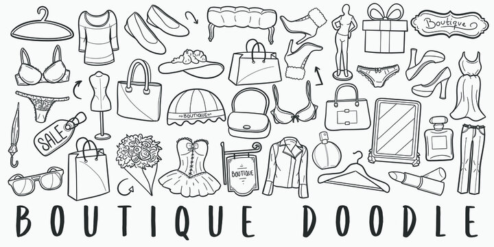 Boutique Shopping Doodle Line Art Illustration. Hand Drawn Vector Clip Art. Banner Set Logos.