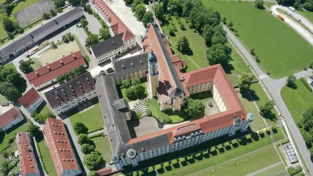 Aerial view, flight at Ochsenhausen monastery, with St. Georg monastery church, Ochsenhausen, Biberach district, Upper Swabia, Baden-W&uuml;rttemberg, Germany