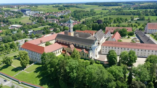 Aerial view, flight at Ochsenhausen monastery, with St. Georg monastery church, Ochsenhausen, Biberach district, Upper Swabia, Baden-W&uuml;rttemberg, Germany