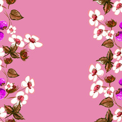 Pattern with the image of blooming strawberries. Design for web or textile.