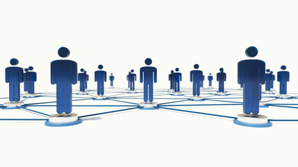 3d Render illustration of teamwork network and community concept, blue color, people connected on white background