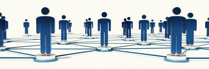 3d Render illustration of teamwork network and community concept, blue color, people connected on white background