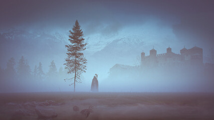Warlock walking in the mist near an old fir and a little lake with a skeleton a castle in the background in mountains - concept art - 3D rendering  © danielegay