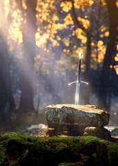 Excalibur Sword in the stone lightened by the sunray in the forest on mossy rocks - concept art - 3D rendering - obrazy, fototapety, plakaty