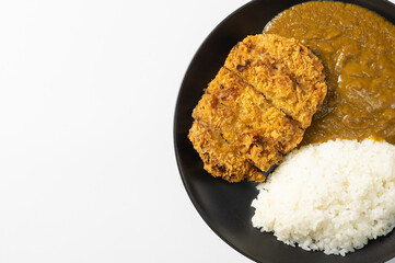 Tonkatsu Curry Rice (Japanese deep-fried pork cutlet with Curry rice). top view on white background with copy space. flat lay.