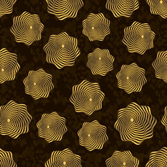 
Dark brown classic seamless pattern, ornament with golden abstract flowers, modern background for your design.