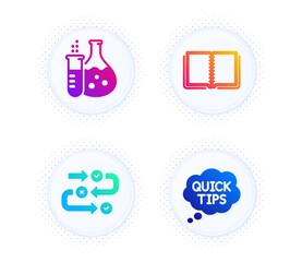 Chemistry flask, Book and Survey progress icons simple set. Button with halftone dots. Quick tips sign. Laboratory, E-learning course, Algorithm. Helpful tricks. Education set. Vector