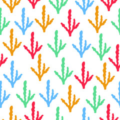 Vector pattern sea corals and different seaweed . Cute and bright illustration. Sea and ocean illustration isolated on white background .Perfect for summer greeting cards.