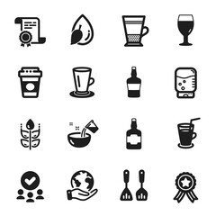 Set of Food and drink icons, such as Water drop, Cooking water. Certificate, approved group, save planet. Scotch bottle, Teacup, Cooking cutlery. Takeaway coffee, Cocktail, Double latte. Vector