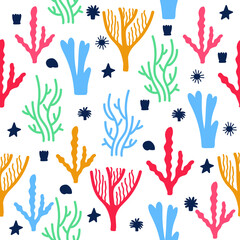 Fototapeta premium Vector pattern sea corals and different seaweed . Cute and bright illustration. Sea and ocean illustration isolated on white background .Perfect for summer greeting cards.