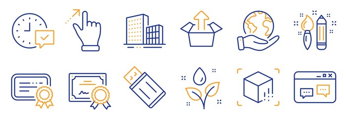 Set of Business icons, such as Send box, Browser window. Certificate, save planet. Augmented reality, Usb flash, Buildings. Plants watering, Touchscreen gesture, Select alarm. Vector