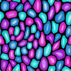 Festive Bright multi-colored seamless pattern. Pencil drawing nacreous pink, purple, turquoise and blue stones on black background. Sweet candy pattern. Template for design, wrapping, ceramics.