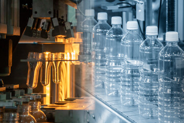 The abstract scene of tube preform shape of bottles preheat process and the plastic bottle in the...