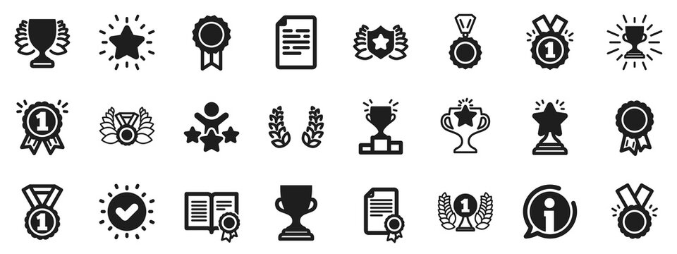 Set of Winner medal, Victory cup and Laurel wreath award icons. Award icons. Reward, Certificate and Diploma message. Glory shield, Prize winner, rank star, diploma certificate. Vector
