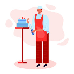 Confectioner Character in Chief Uniform and Toque Decorate Huge Festive Cake Use Professional Instrument, Pie . Cartoon Vector Illustration man confectioner or baker in apron holding tray with cake