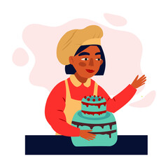 Confectioner Character in Chief Uniform and Toque Decorate Huge Festive Cake Use Professional Instrument, Pie . Cartoon Vector Illustration man confectioner or baker in apron holding tray with cake