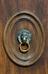 Old door knocker in the form of a lion's head with a ring