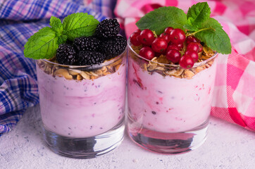 
Two berry yogurt with granola. Close-up.