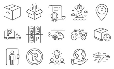 Set of Transportation icons, such as No parking, Medical helicopter. Diploma, ideas, save planet. Delivery timer, Truck parking, Tractor. Elevator, Lighthouse, Open box. Vector