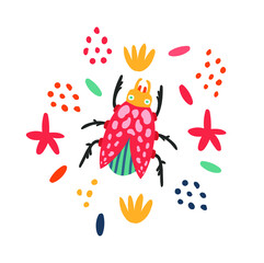 Simple flat bright bug illustration. Cartoon vector doodle illustration in modern flat style.Hand draw withe abstract organic shapes dodles Scandinavian nordic design style.