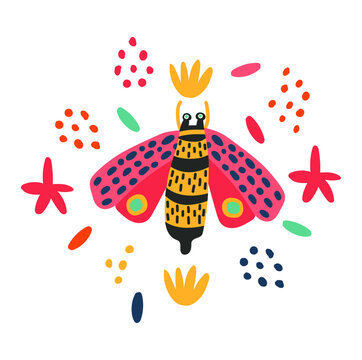 Simple flat bright bug illustration. Cartoon vector doodle illustration in modern flat style.Hand draw withe abstract organic shapes dodles Scandinavian nordic design style.