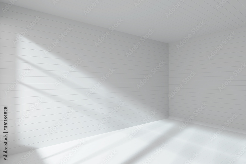 Wall mural Empty white room corner made with flat horizontal white planks