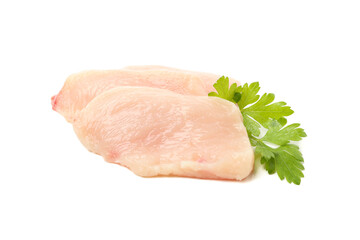 Raw chicken meat and parsley isolated on white background