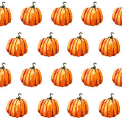 Seamless pattern for autumn textile, wrapping paper, fabric. cut pumpkin isolated illustration for halloween and Fall on white background. Watercolor hand painted orange pumpkins . Autumn harvest.
