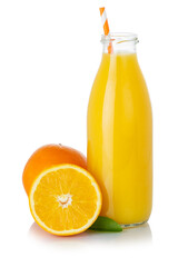 Orange fruit smoothie juice drink straw oranges in a bottle isolated