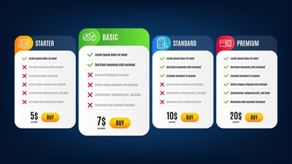 Analytics graph, Payment methods and Savings line icons set. Pricing table, subscription plan. Accounting report sign. Growth report, Credit card, Cash coins. Check finance. Finance set. Vector