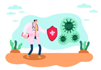 A masked doctor with gloves is talking to a sick patient.Vector illustration concept, people fight with virus. Can use for landing page, template, banner, flyer, poster. Coronavirus COVID-19 .
