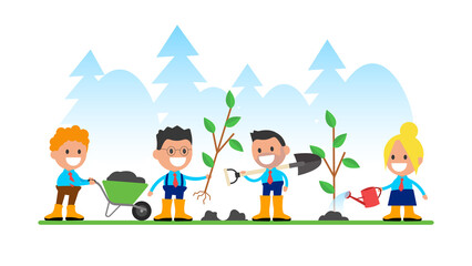 Fototapeta premium Office people plant trees in city park. Volunteering, charity social concept.