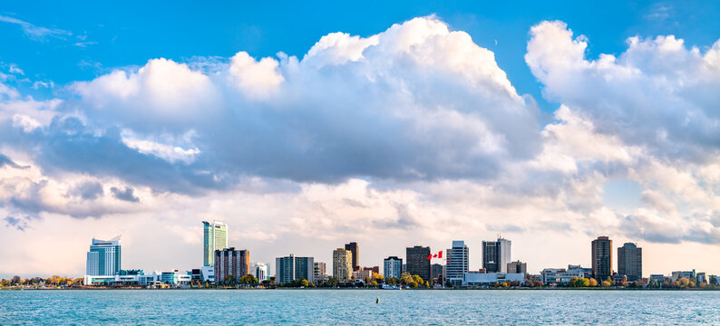Panorama of Windsor, Canada from Detroit, USA across the Detroit River