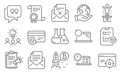 Set of Technology icons, such as Winner podium, Reject letter. Diploma, ideas, save planet. Report checklist, Change card, Chemistry lab. Bitcoin project, Recovery laptop, Online test. Vector