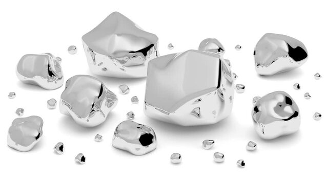 Shiny gray metal platinum or silver ore nuggets, grains and pieces with reflections and shadows isolated on white background, 3D animation.