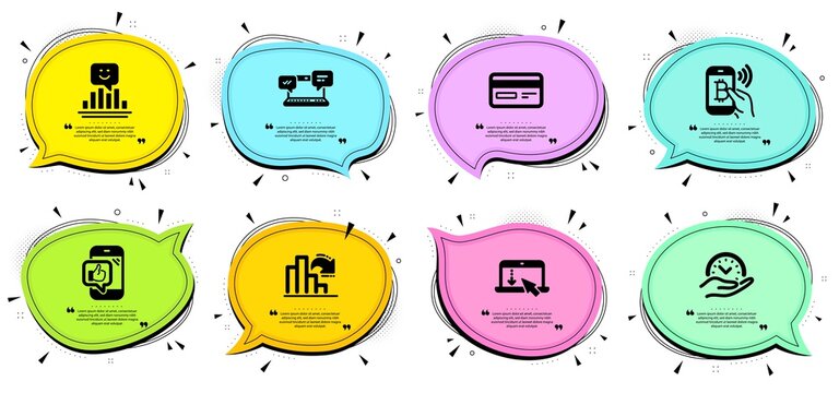 Decreasing graph, Credit card and Internet chat signs. Chat bubbles with quotes. Smile, Bitcoin pay and Safe time line icons set. Scroll down, Mobile like symbols. Vector