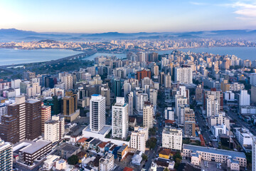 downtown buildings seen from the top with cable-stayed bridge in the background, Florianopolis, Santa Catarina, Brazil