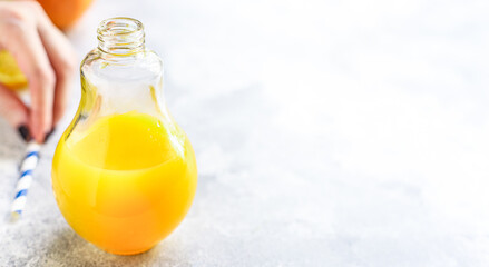 orange juice or lemonade with mint or lemonade with mint  transparent glass cup with mint takeaway drink Menu concept serving size food background top view copy space for text organic healthy eating