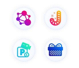 Fototapeta premium Integrity, Candy and Parking security icons simple set. Button with halftone dots. Gift sign. Social network, Lollypop, Video camera. Present. Business set. Gradient flat integrity icon. Vector