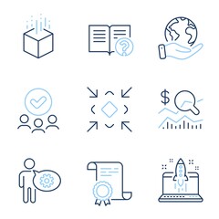 Augmented reality, Cogwheel and Minimize line icons set. Diploma certificate, save planet, group of people. Check investment, Start business and Help signs. Vector