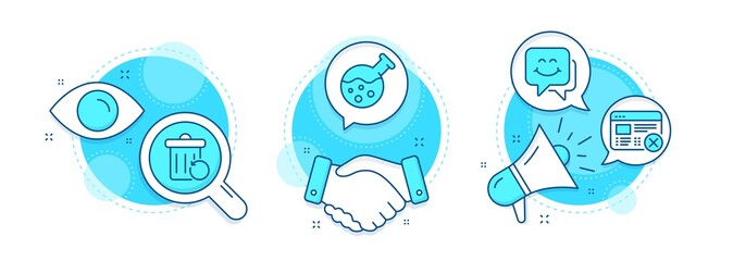 Reject web, Smile face and Recovery trash line icons set. Handshake deal, research and promotion complex icons. Chemistry lab sign. No internet, Chat, Backup file. Laboratory. Technology set. Vector