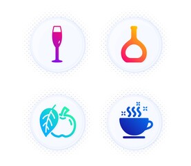 Apple, Cognac bottle and Champagne glass icons simple set. Button with halftone dots. Coffee cup sign. Fruit, Brandy alcohol, Winery. Hot drink. Food and drink set. Gradient flat apple icon. Vector