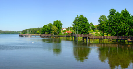 Wooden pier on the Radunskie lake in Stezyca. Kashubia, Poland