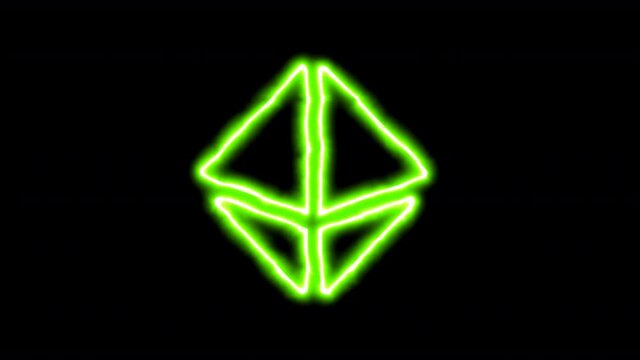 The appearance of the green neon symbol dice d8. Flicker, In - Out. Alpha channel Premultiplied - Matted with color black