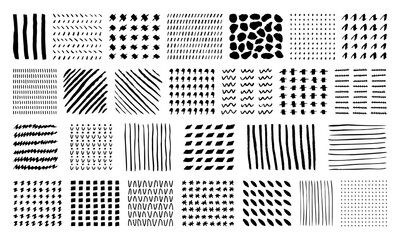Big set of hand-drawn patterns. Dots, lines, crosses, dashes, spots of paint, waves. Black ink on a white background. Abstract symmetrical pattern for designers. Traced illustration.