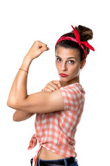 young and pretty woman with red shirt and headscarf on white background