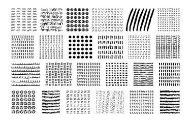 A large set of simple symmetrical patterns. Hand drawn ink illustrations. Neat vector elements for design and decoration. Simple shapes and abstract blots and spots. Dashes, circles, waves and crosses